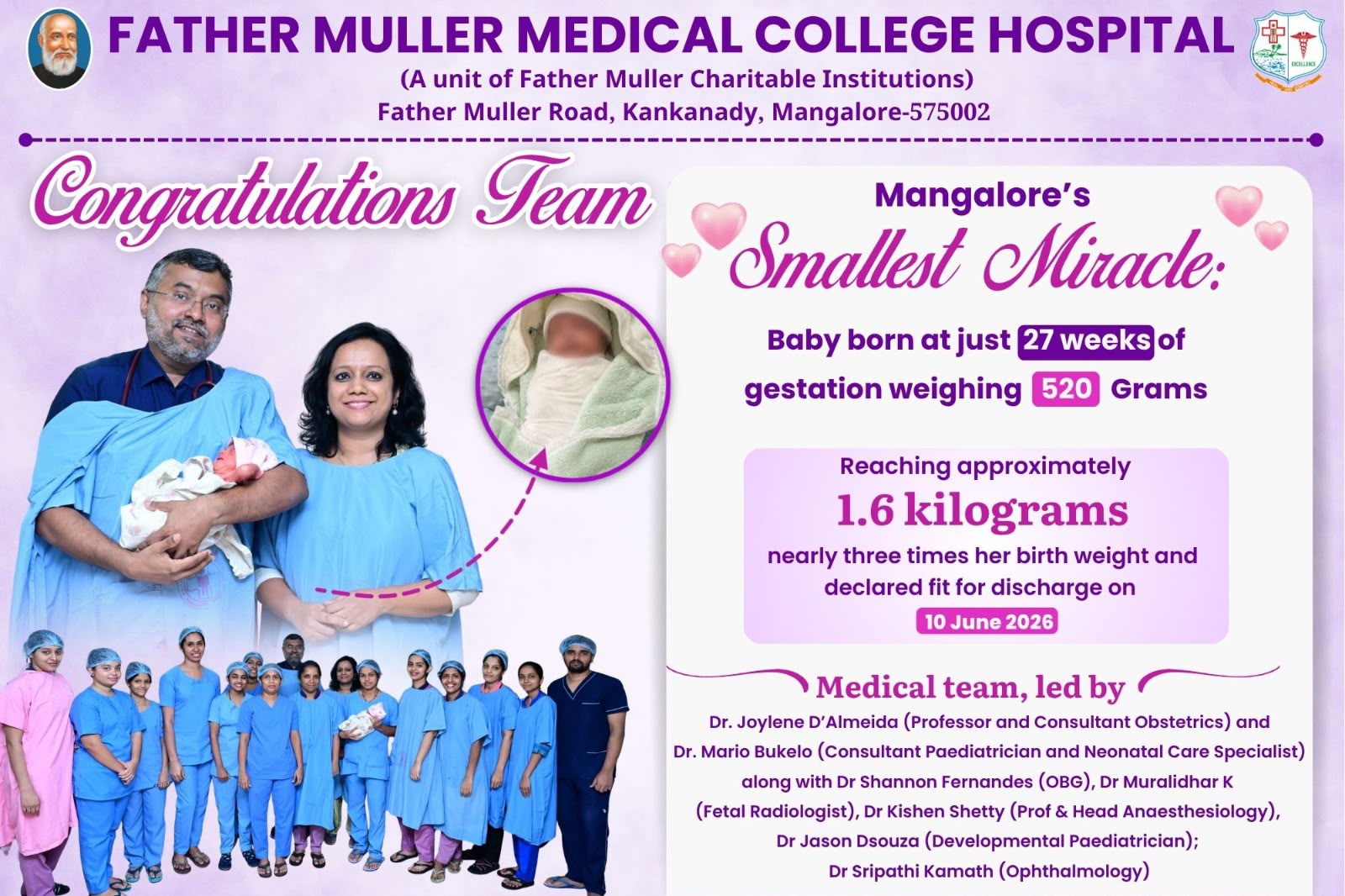 520g miracle baby — Father Muller's congratulations certificate